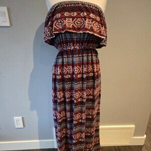 Lily Morgan Women’s Geometric Print Strapless Maxi Dress | Size Large | Burgundy